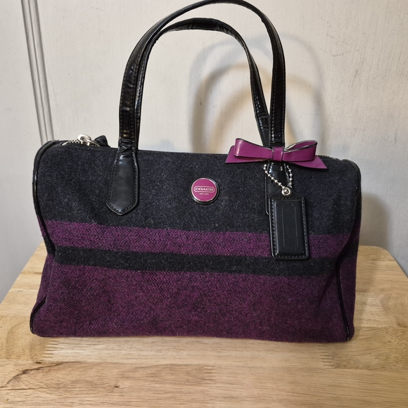 Coach Berry and Gray Stripe Wool Satchel and Dustbag - Picture 3 of 17